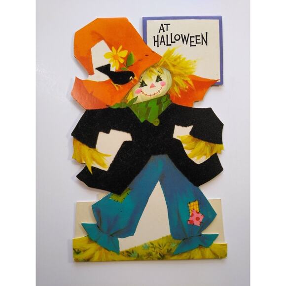 Vintage Halloween Greeting Card Flocked Diecut Standup Scarecrow & Black Bird - Picture 6 of 8